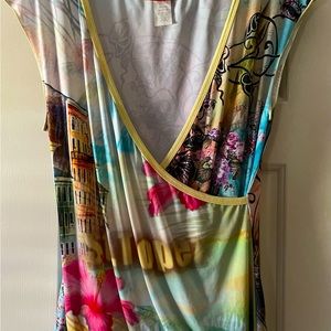 Topsy Turvy Top XL Short Sleeve Low V Neck Wrap Front Multi Color